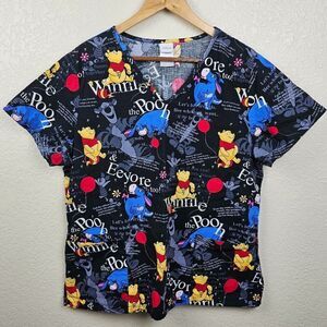 Disney Women's Large Winnie the Pooh Eeyore Black 3‎ Pocket Scrub Top Colorful